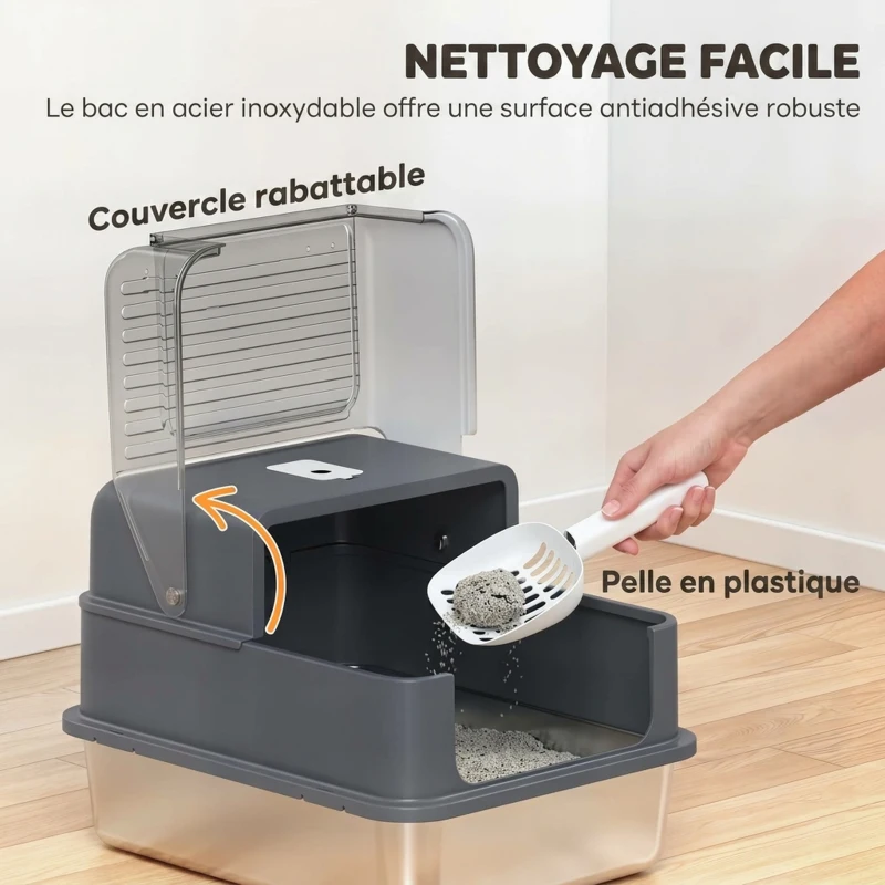 PawHut Bac à Litière pour Chat en Acier Inox. 2 en 1 Couvercle Pelle Filtres Sacs Désodorisants Grande Taille 48x38x34cm Gris