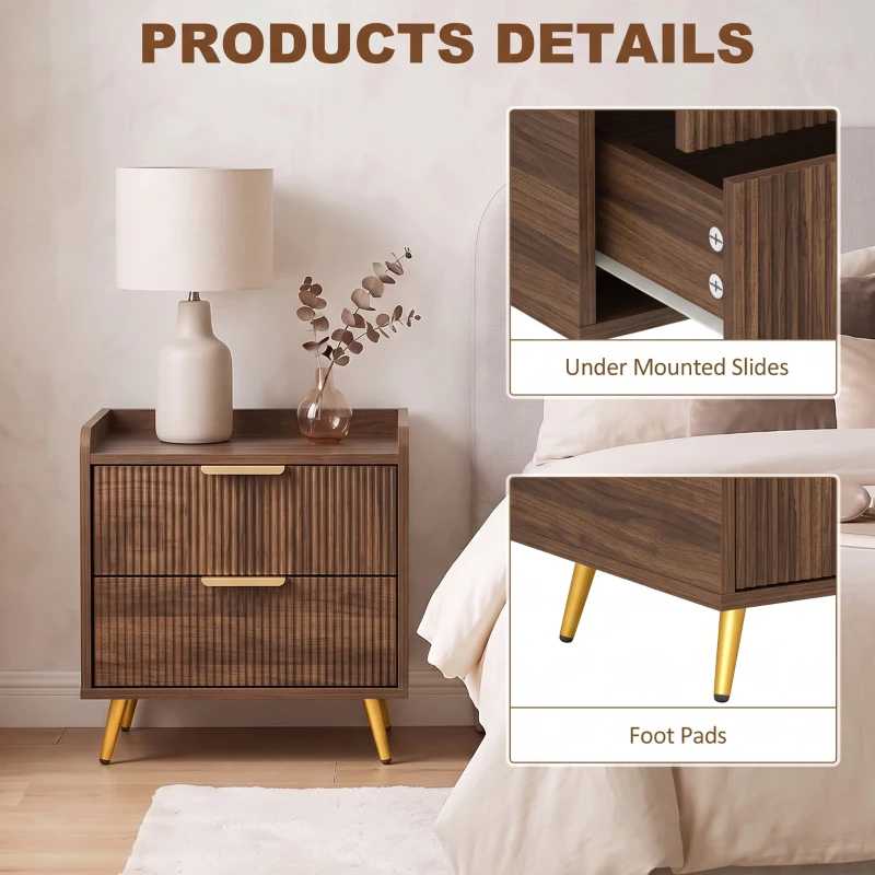 HOMCOM Elegant Two-Drawer Bedside Table - Walnut Brown