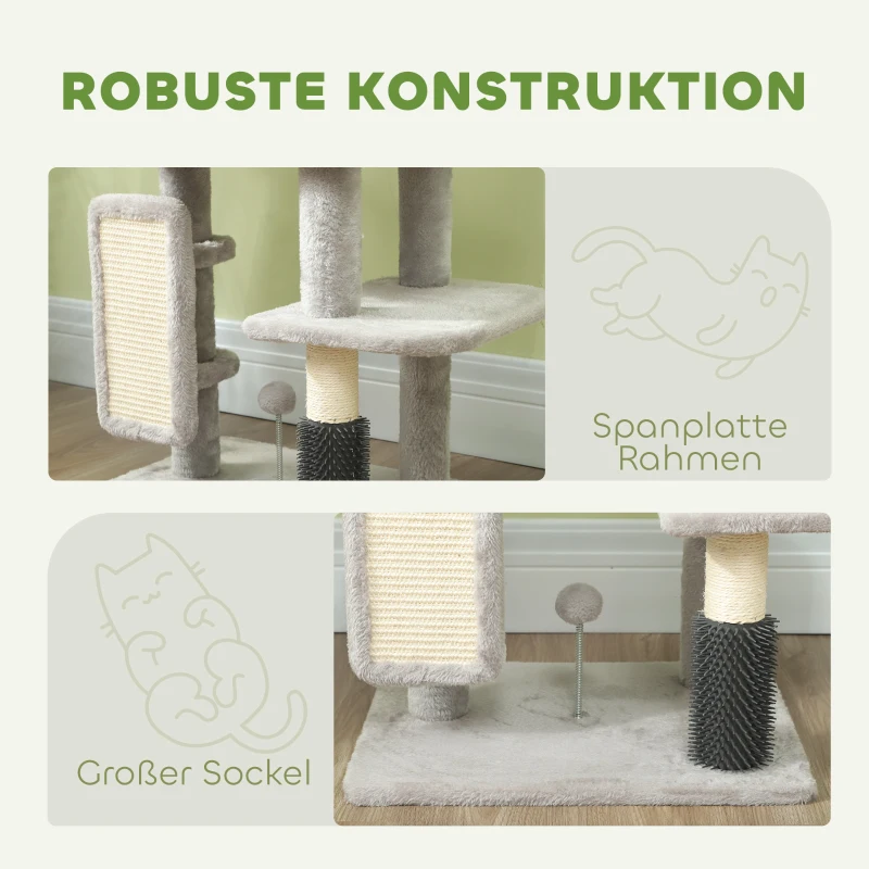 PawHut Kratzbaum 104 cm Katzenbaum mit Katzenhöhle Bett Sisal-Kratzsäulen Kratzbrett Plüschbälle für Katzen bis 5 kg Hellgrau