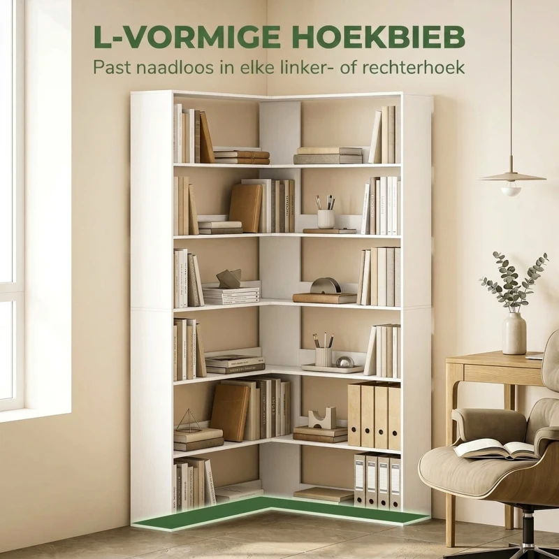 HOMCOM Boekenkast met 7 Lagen, L-vormig Hoekrek met Anti-slip Achterwand, Wit met Houtlook