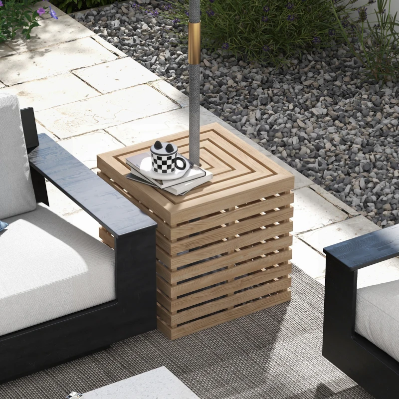 Outsunny Coffre de rangement extérieure 2 en 1 pour base de parasol, table d'appoint de terrasse avec trou pour parasol en bois