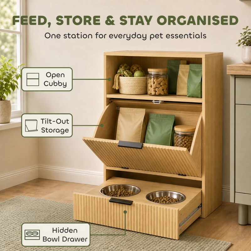 PawHut Pet Feeder Station with Storage, Dog Food Storage Container w/ 2 Raised Bowls, Tilt Out Cabinet, Slow Feeder Mat