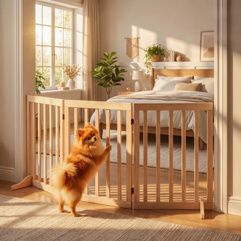 PawHut Wooden Dog Gate, 3-Panel Freestanding Pet Gates Indoor with 2 Support Feet and 360° Flexible Hinges, Natural
