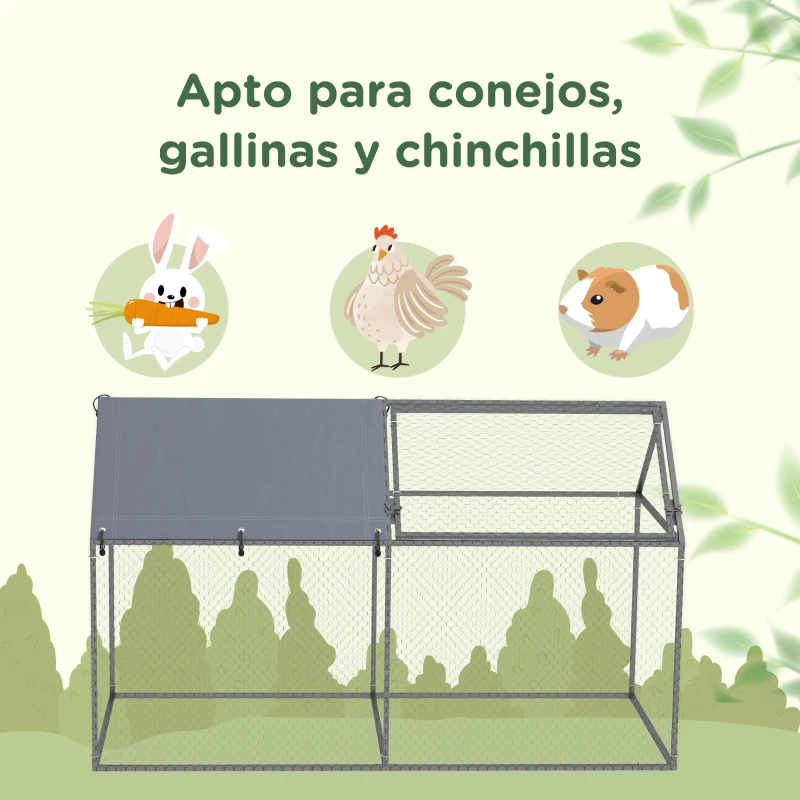 PawHut Parque para Mascotas de Acero con 1 Puerta Superior y 1 Tela Superior de Anti-UV para Exterior 198x100x120 cm Plata