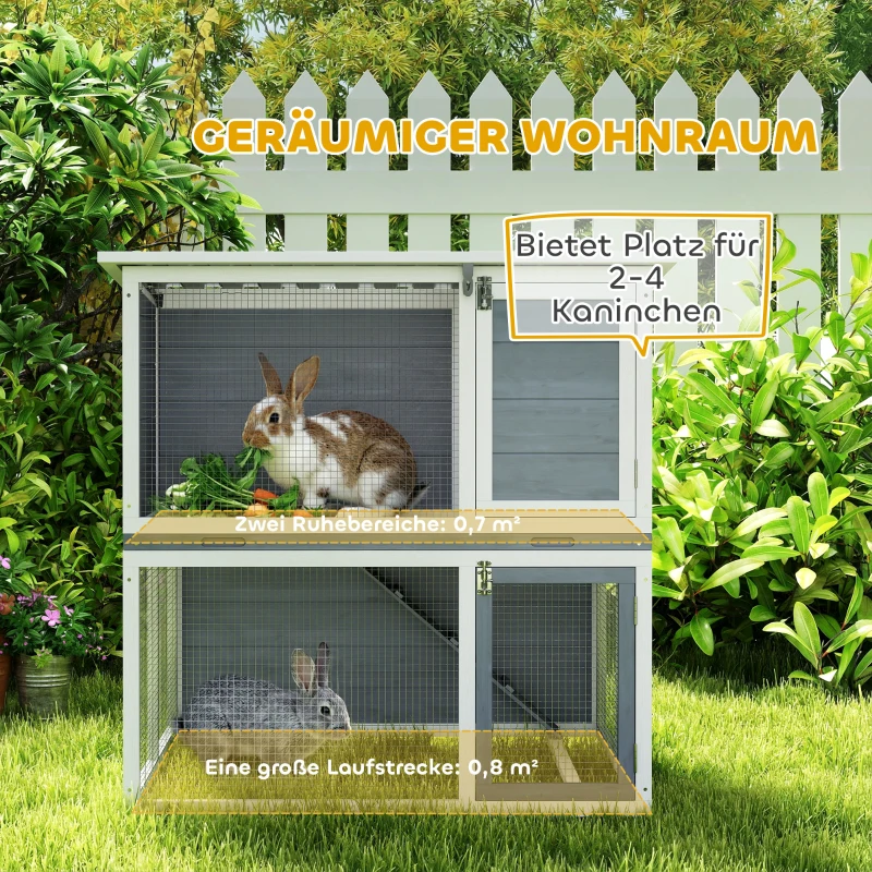 PawHut Hasenstall 2 Etagen Kaninchenstall aus Holz mit wetterfest aufklappbar Dach, Freilaufgehege, Rampe, 98x95x102,5 cm Grau