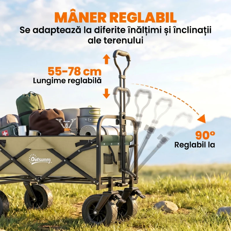Outsunny Bollerwagen, faltbar, 110 L, bis 100 kg, Teleskopgriff, Stahlrahmen, 94 x 57 x 77-100 cm, Khaki