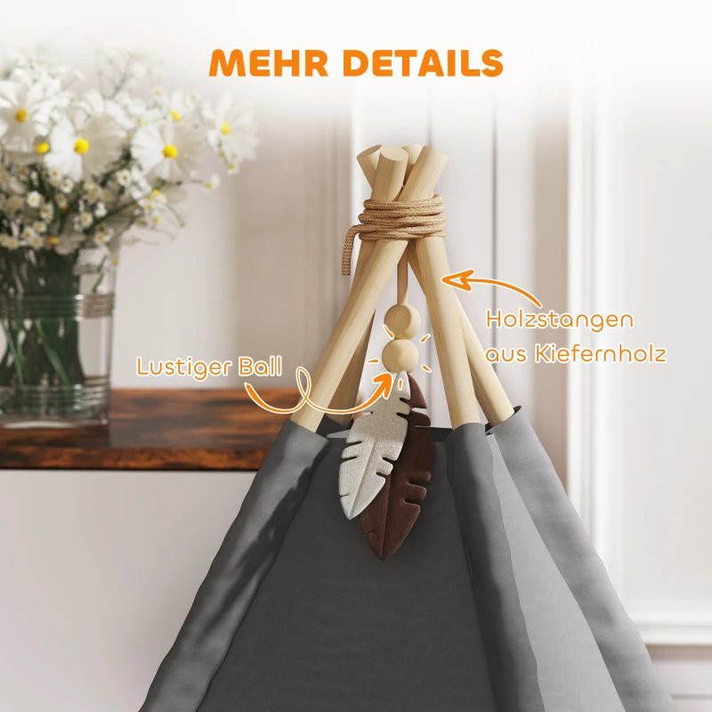 PawHut Tipi-tent voor huisdieren, dierenbed in tipi-design, kattentent met kussen, hondenbed om in te slapen, kattenbed, Grijs