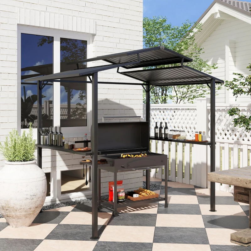 Outsunny Grillpavillon 250 x 160 x 250 cm wasserdicht Gartenpavillon mit Doppelschichtdach, Seitenregalen Schwarz