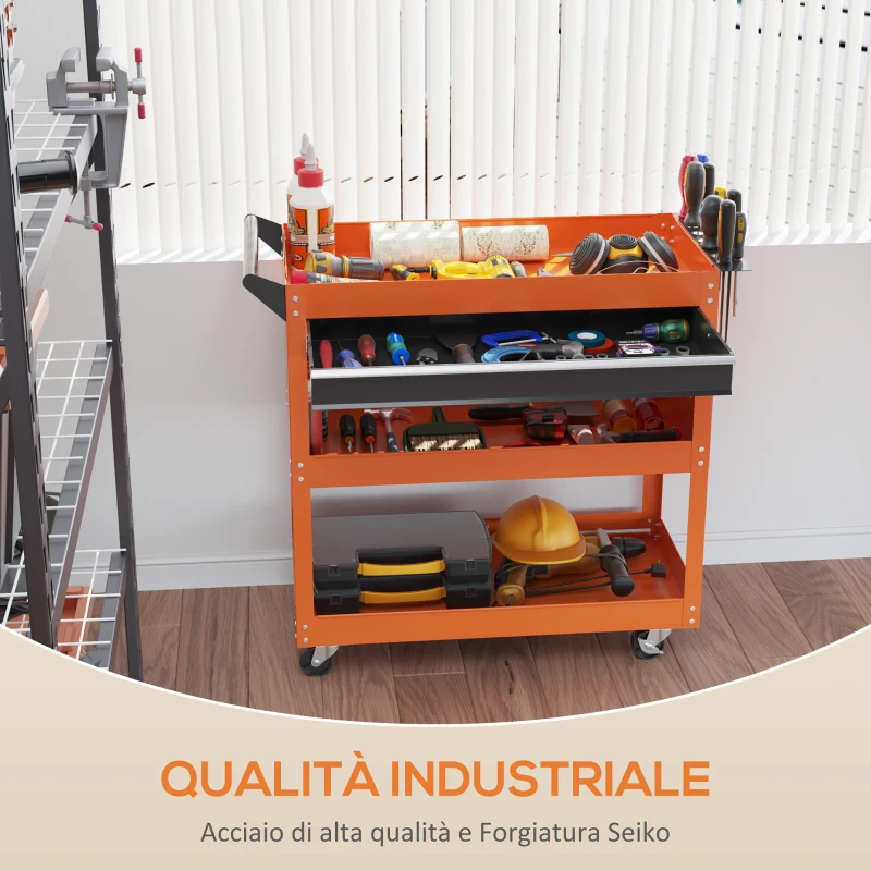DURHAND Carrello Porta Attrezzi con Manico Laterale, Cassetto e 3 Ripiani in Acciaio, 82x35x76 cm, Arancione