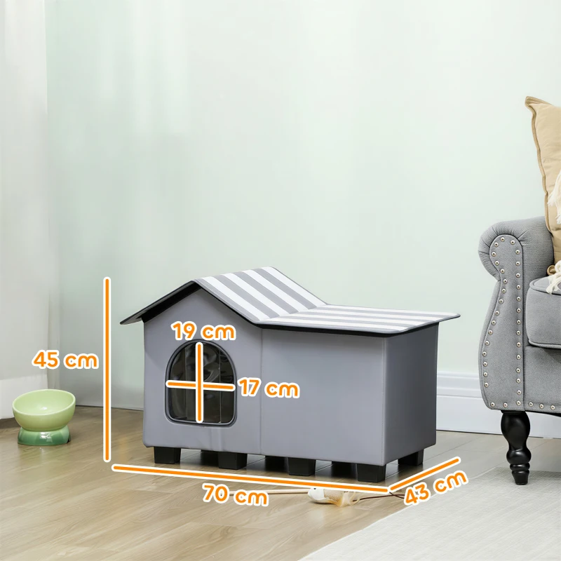 PawHut Casinha para Gatos Resistente à Água com Telhado de Duas Águas Removível Isolamento Térmico Plataforma 70x43x45 cm Tecido Oxford Cinza