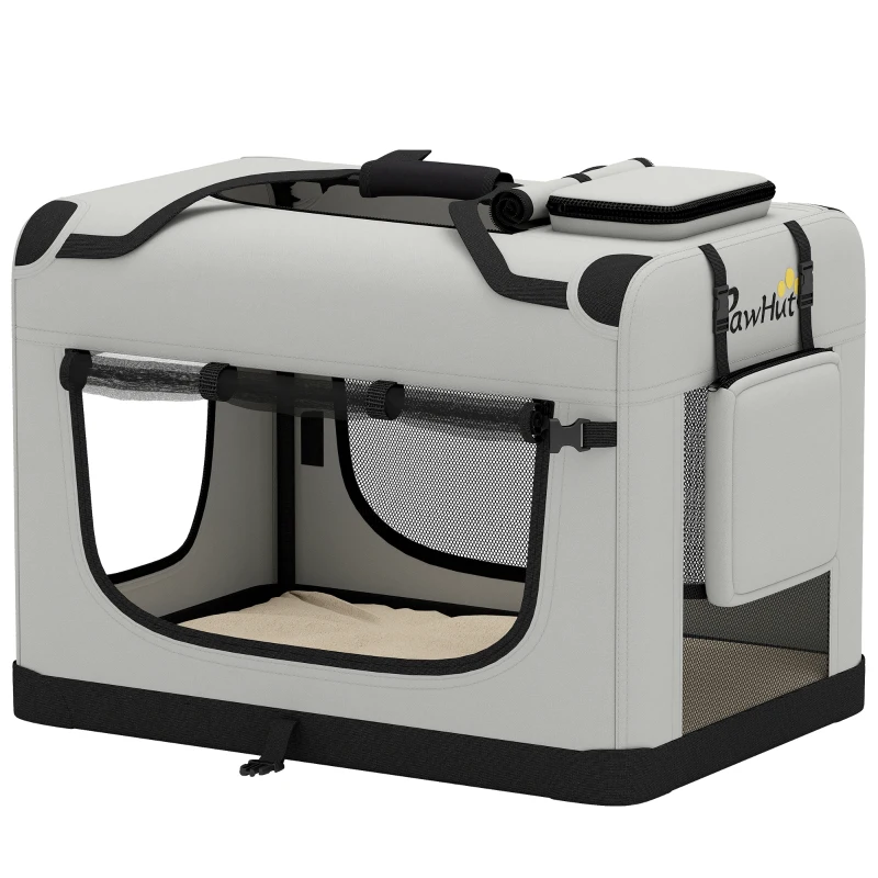 PawHut Pet Carrier Bag, Soft-Sided Dog Carrier with Security Buckle Strap, Washable Cushion and Folded Bowl, Light Grey