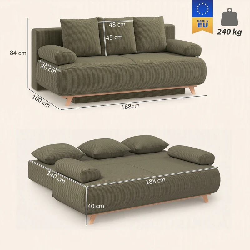 HOMCOM Schlafsofa mit verstellbarer Rückenlehne, Bettfunktion, verstecktem Stauraum und Cordbezug, Dunkelgrün