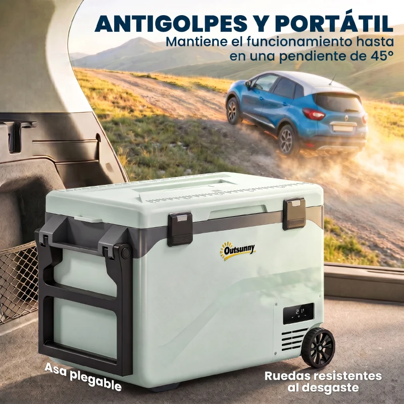 Outsunny Nevera Portátil Eléctrica 42,5L con Compresor Control por App Ruedas Asa Barra -20℃ a 20℃ y Soporte para Móvil Verde