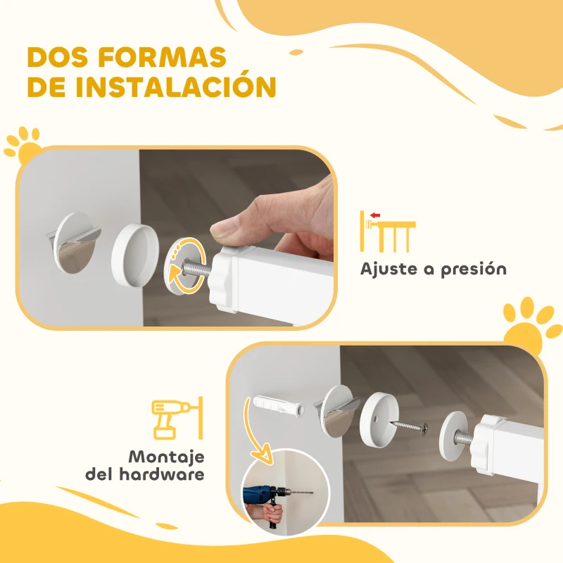 PawHut Puerta para Perros con Ancho Ajustable 76-104 cm Barrera de Seguridad con 2 Extensiones y Doble Bloqueo Blanco