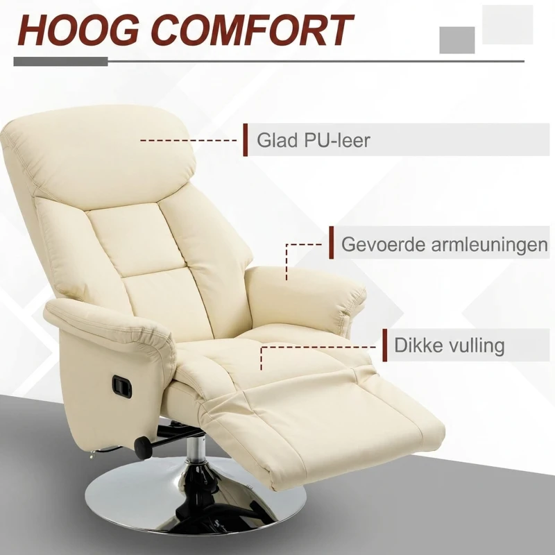 HOMCOM Relaxstoel, ligfunctie, lederlook, voetensteun, tot 150 kg, 78 x 80 x 109 cm, Creme