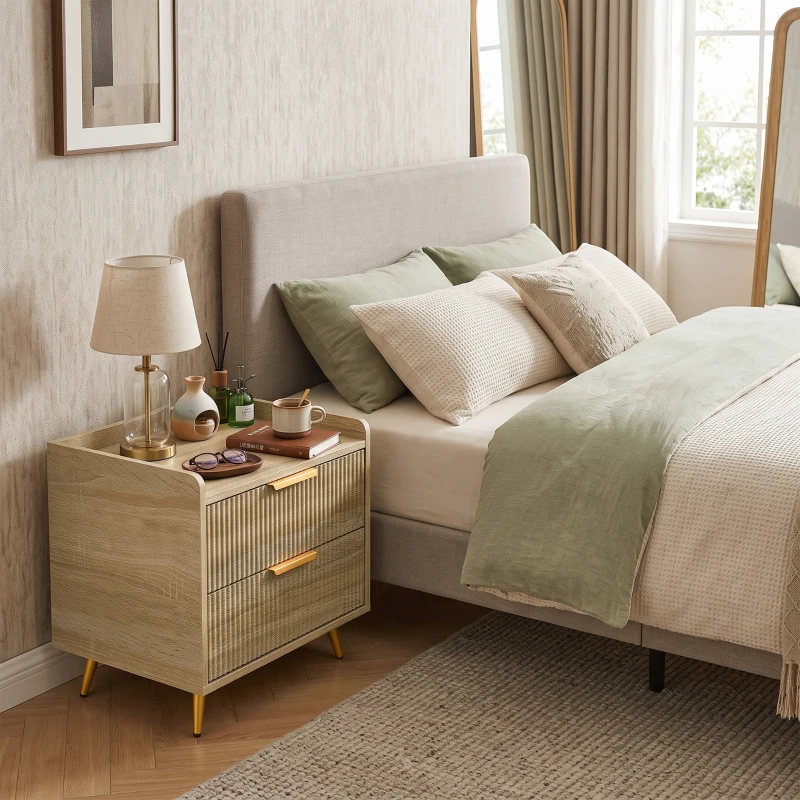 HOMCOM Bedside Table with 2 Drawers, Side End Table with Metal Legs for Bedroom, Living Room, Natural Wood Finish