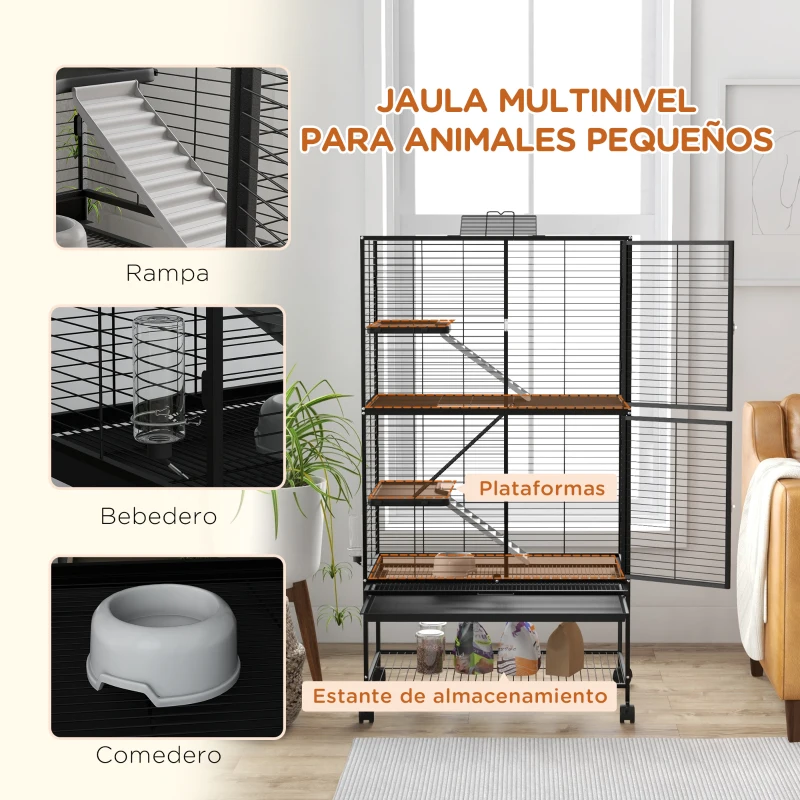 PawHut Jaula para Animales Pequeños de 4 Niveles con Ruedas Rampa Comedero Bebedero y Bandeja Extraíble 78x45,5x136 cm Negro
