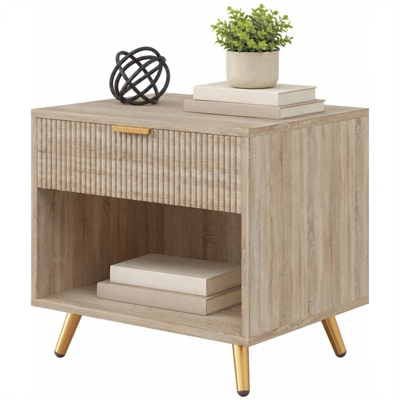 HOMCOM Bedside Table with Drawer and Open Compartment, Nightstand with Handle for Bedroom, Living Room, Natural Wood Finish