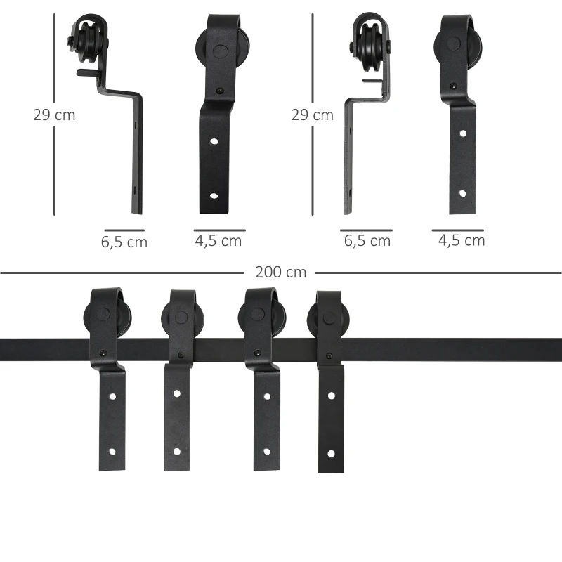 HOMCOM Herraje para Puerta Corredera 200 cm Kit de Acero al Carbono Accesorios con 2 Puertas Deslizantes de Madera Negro