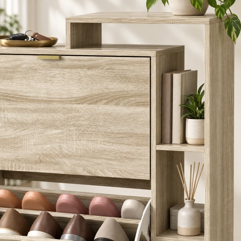HOMCOM Schoenenkast met verstelbare verdelers, open vakken en 3 klepvakken, naturel hout