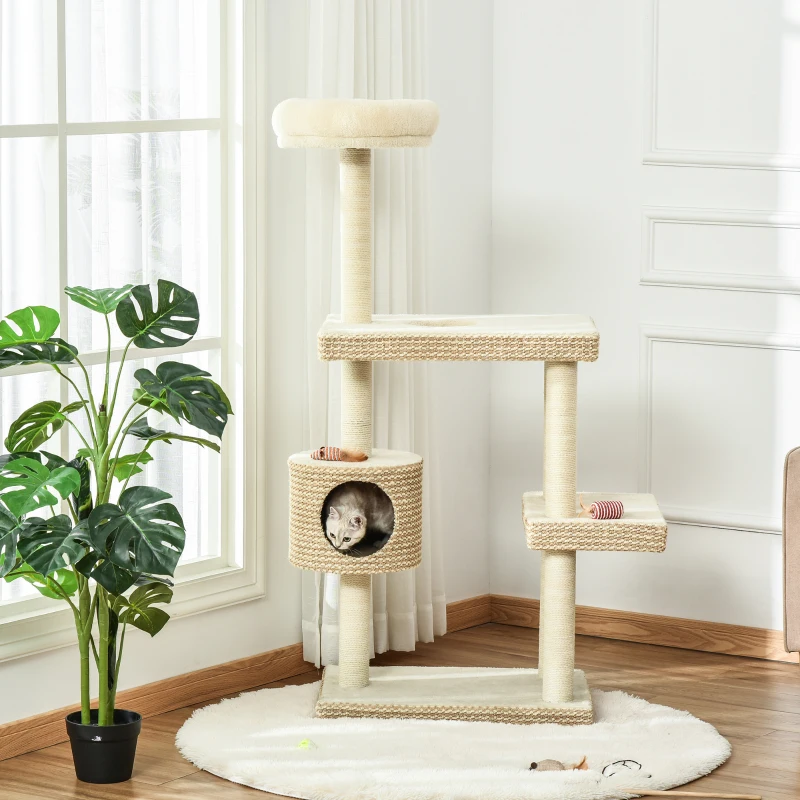 PawHut Katzenkratzbaum Katzenspielzeug Kletterbaum Sisal Polster Liegefläche Sisal samtartiges Polyester Beige+Kaffee 60 x 40 x 135 cm