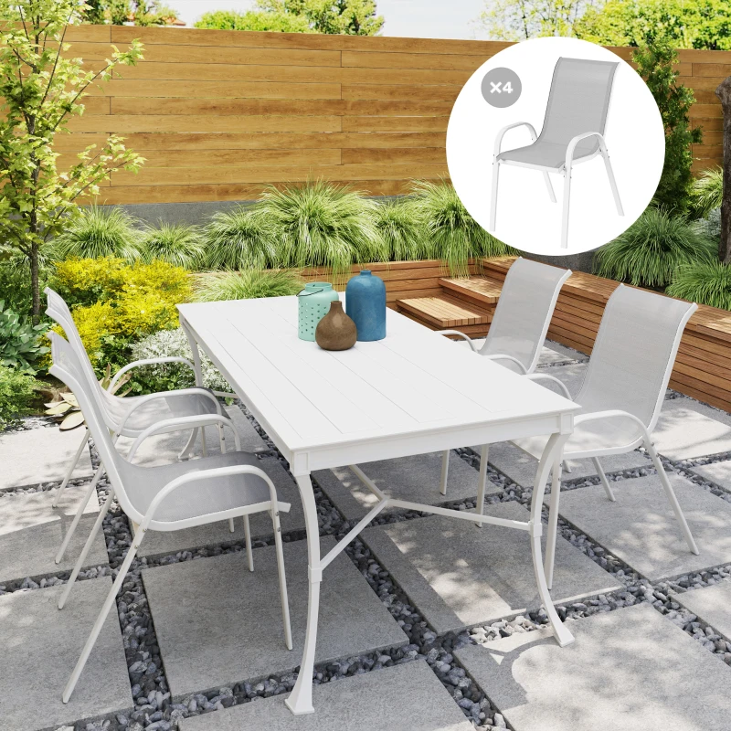 Outsunny Set de 4 Sillas de Exterior Apilables con Asiento de Malla Respaldo Alto y Marco de Acero para Jardín o Terraza Gris