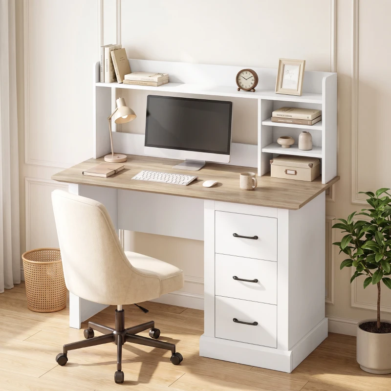 HOMCOM Bureau Informatique avec 3 Tiroirs, 120x55cm, Bureau avec Rangement, Étagères Ouvertes et Large Plateau, Chêne et Blanc
