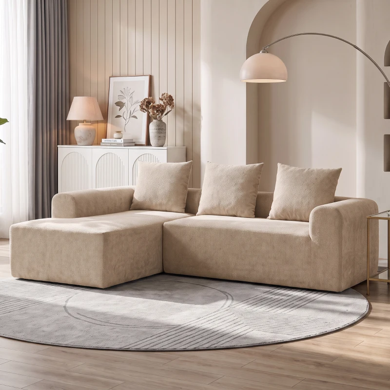 HOMCOM Narożnik z szezlongiem, bezramowa sofa w kształcie L z chenille, głębokie siedzisko, sprężyny kieszeniowe, beżowy