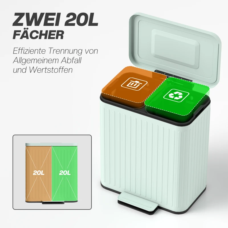 HOMCOM Küchenmülleimer, 2 x 20 L-Fächer, effiziente Mülltrennung, Fußpedal, Kunststoff, Metall, Grün
