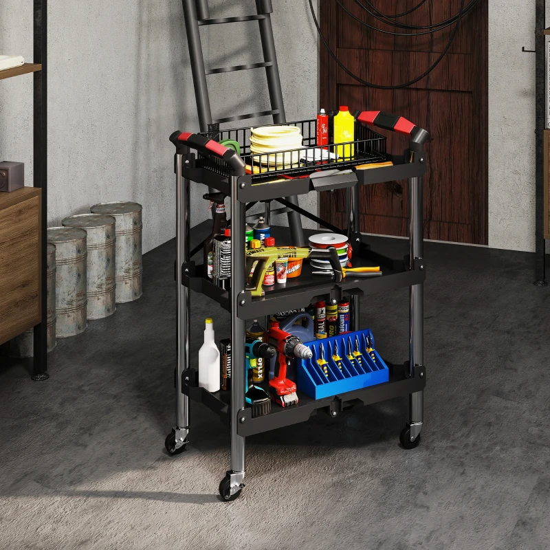 HOMCOM Gereedschapstrolley, Opvouwbare 3-Laagse Gereedschapswagen, Kunststof, Staal, Zwart
