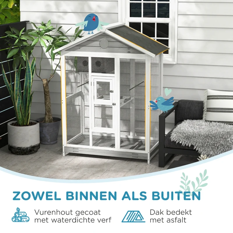 PawHut Houten vogelkooi met 4 zitstokken, asfaltdak, waterdicht, 112 x 68 x 154 cm(m-7)