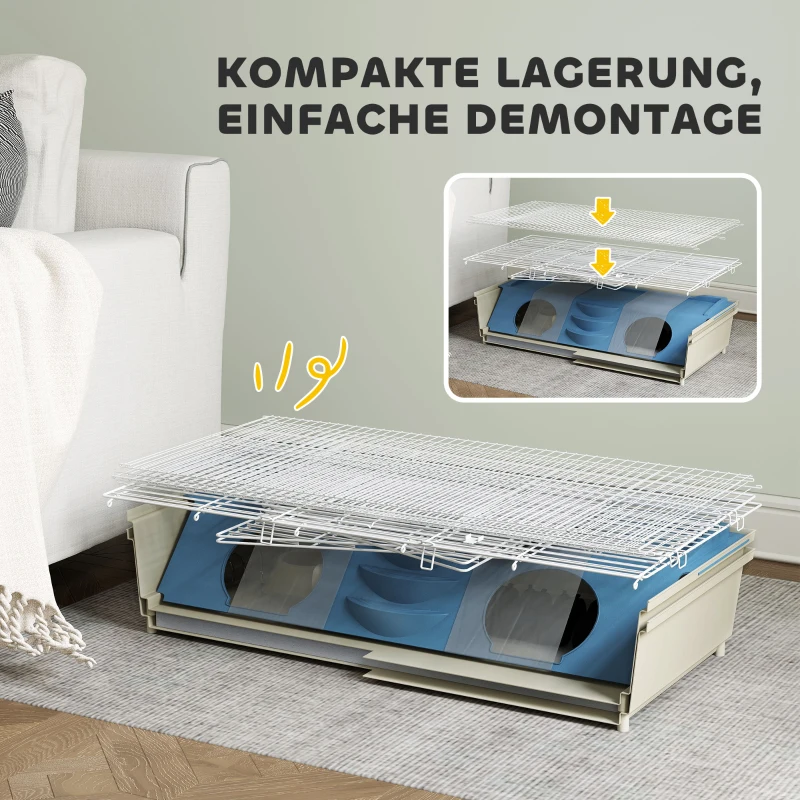 PawHut Kleine Huisdierenkooi, Balkon, Hellingbaan, Voerbak, Waterfles, Dubbellaags Ontwerp, Wit