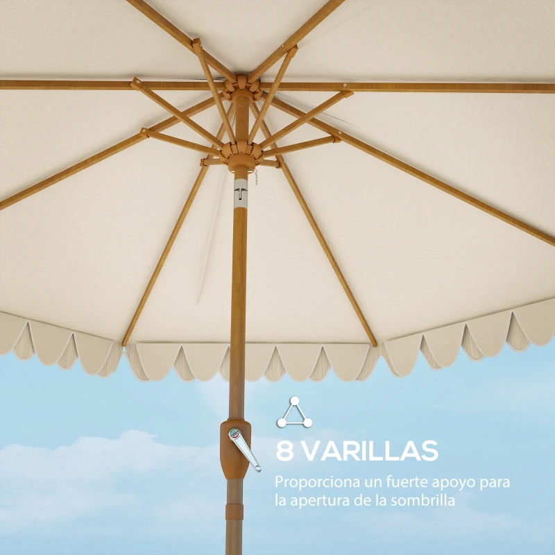 Outsunny Sombrilla de Jardín Ø264x240 cm con Ángulo Ajustable Manivela y Toldo con Volantes Decorativos para Patio Terraza Crema