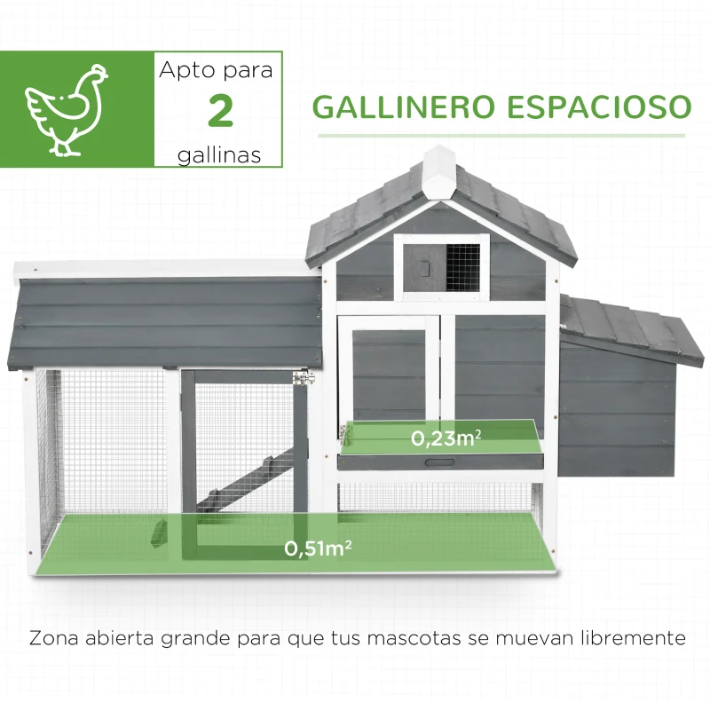 PawHut Jaula para Gallineras con 2 Corrales de Alambre Techo Abrible Caja Nido Bandeja Extraíble y Rampa 150,5x54x87 cm Gris