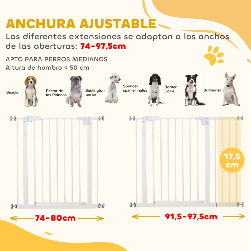 PawHut Puerta para Perros con Longitud Ajustable Cierre Automático para Escaleras Pasillos 74-80/91,5-97,5x76,2 cm Blanco