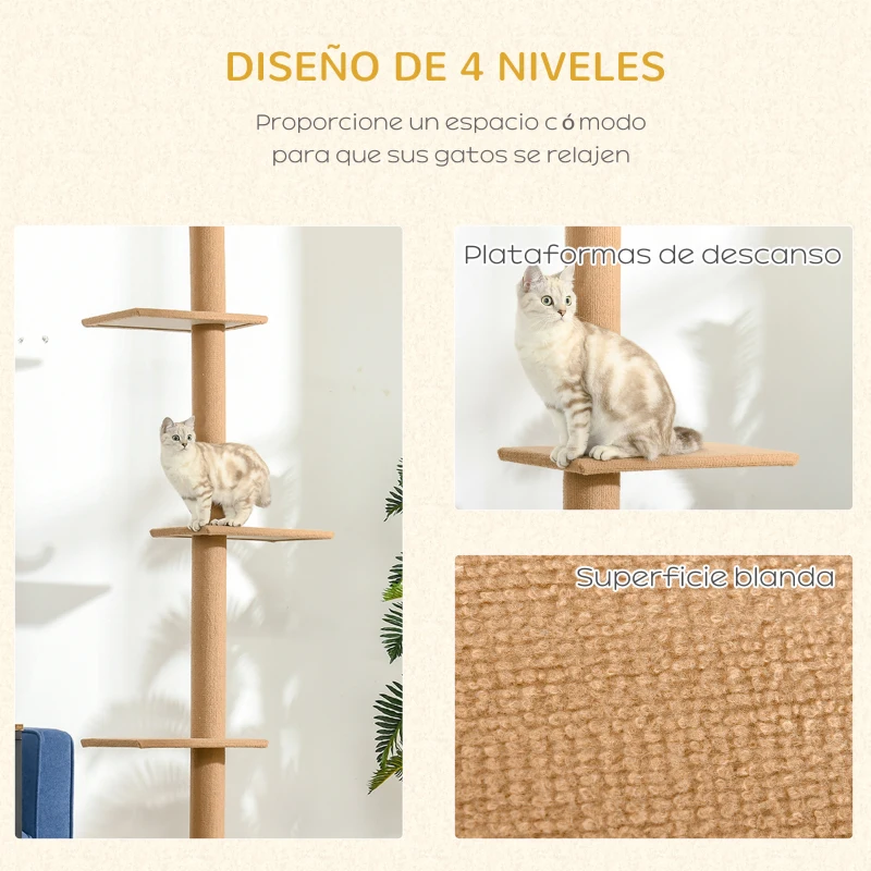 PawHut Árbol Rascador para Gatos de Suelo a Techo Torre para Gatos con Altura Ajustable 43x27x228-260 cm Marrón Claro y Beige