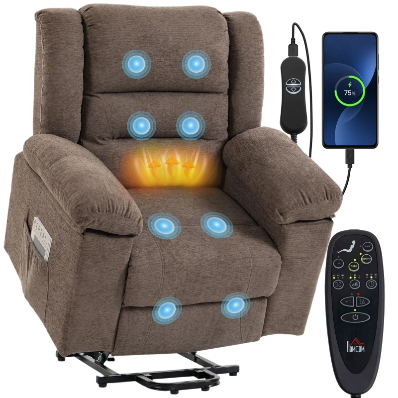 HOMCOM Fauteuil Électrique Releveur Reclinable 150°, Accoudoirs Larges, Massage 8 Points, Chauffant, Marron