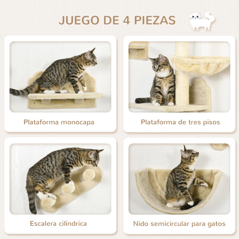 PawHut Juego de Escalada para Gatos de Pared Estantes para Gatos 4 Piezas Hamaca Nido Plataformas para Saltar Beige