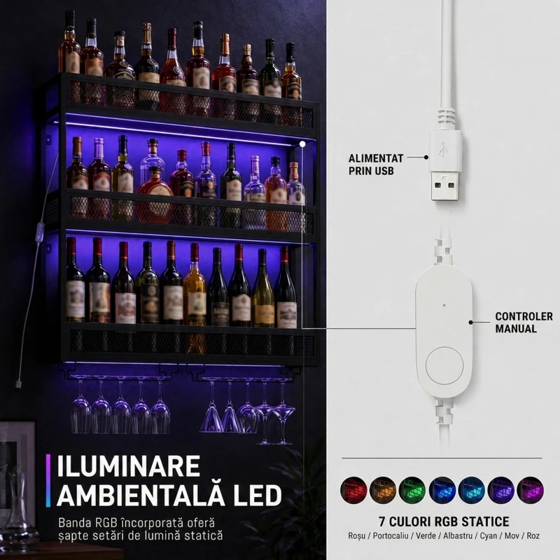 HOMCOM Suport de perete pentru vin cu LED, stil industrial, metal negru