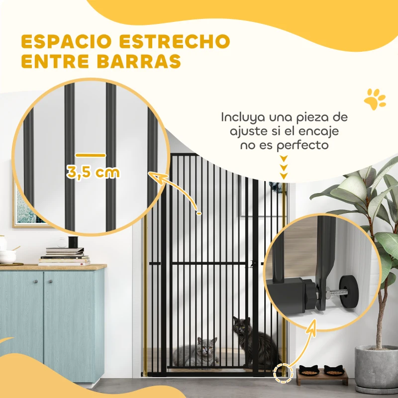 PawHut Barrera para Perros Extra Alta con Ancho Ajustable 77-104 cm Puerta para Perros con Extensiones y Puerta de Paso Negro