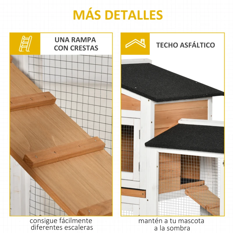 PawHut Conejera Exterior 157,4x53x99,5cm Jaula para Conejos Grande con Ruedas Techo Asfáltico Bandejas Extraíbles Rampa Natural