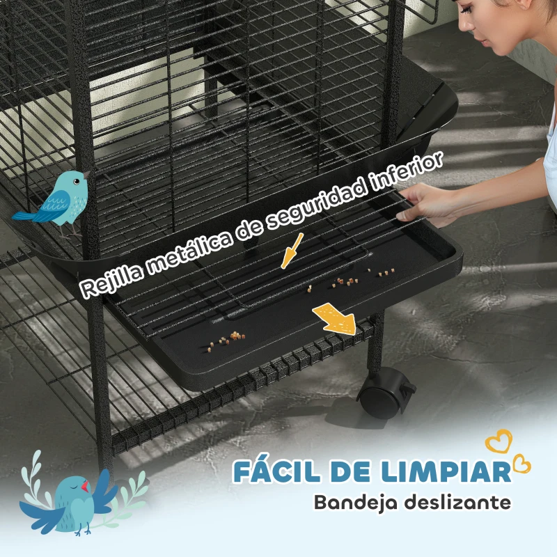 PawHut Jaula para Loros con Ruedas Perchas Comederos Estante y Bandeja Extraíble 62,5x62,5x146 cm Gris Oscuro