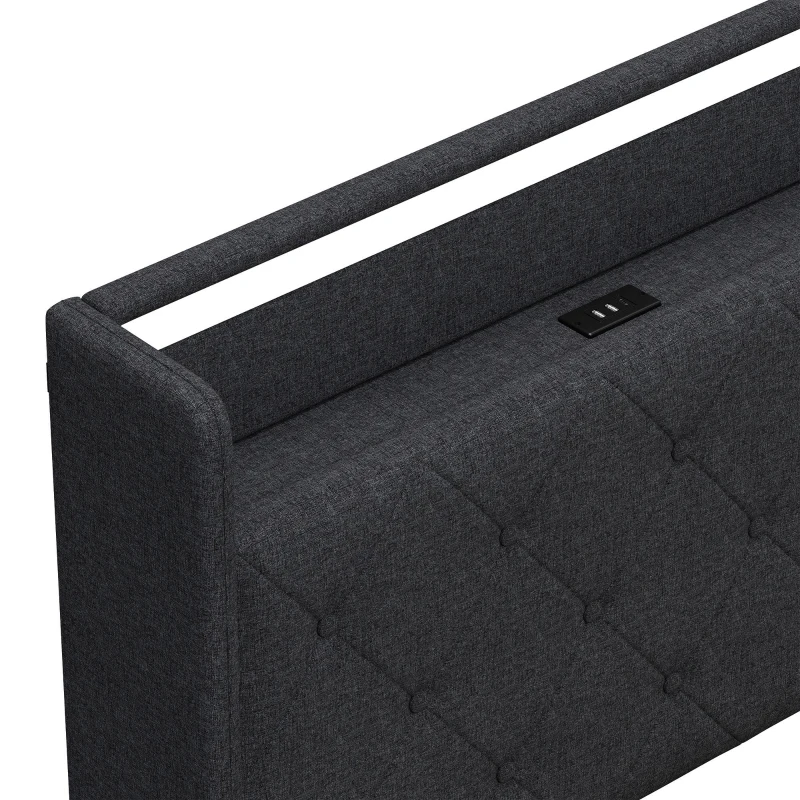 HOMCOM 4ft6 Double Bed Frame with Headboard, Platform Bed Frame with Hydraulic Storage, LED Lights and Charging Station, Black