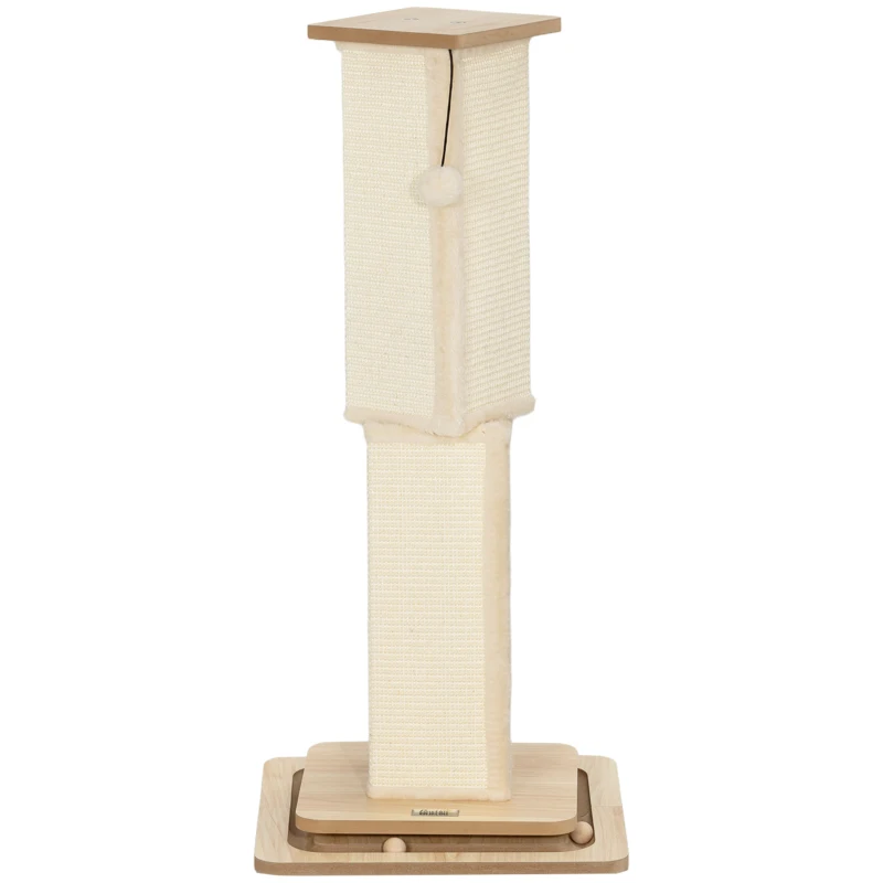 PawHut 3-in-1 Krabpaal met Speelrail, Speelbal, Sisal, tot 10 kg, 39,5 x 39,5 x 87 cm, Eiken/Crème
