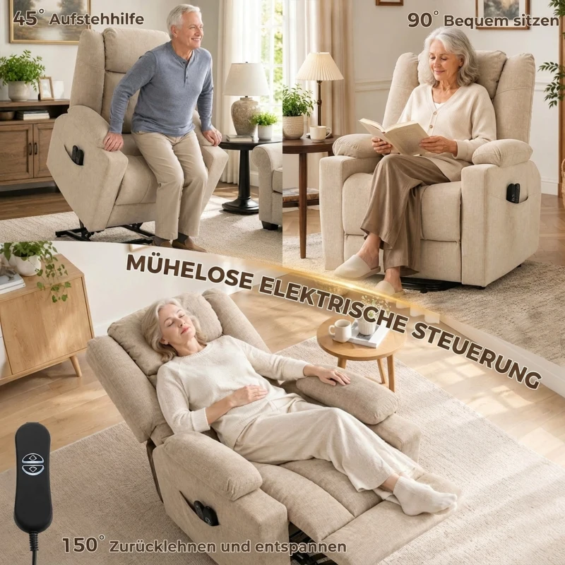 HOMCOM Elektrischer Aufstehsessel mit Vibrationsmassage und Wärmefunktion, Relaxsessel in Samtoptik mit Federkernpolsterung, Cremeweiß