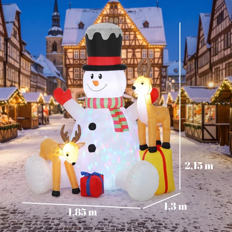 Outsunny Boneco de Neve Inflável de Natal com 2 Renas 215 cm para Fora com LEDs e Bolsa