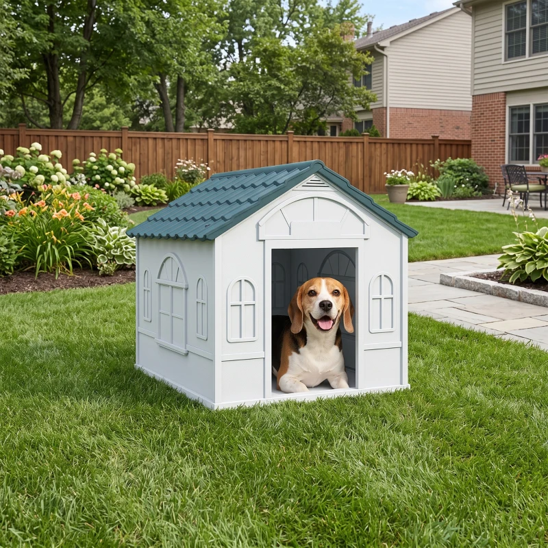 PawHut Plastic Weather-Resistant Dog House, for Indoors and Outdoors, Medium Dogs - White and Blue