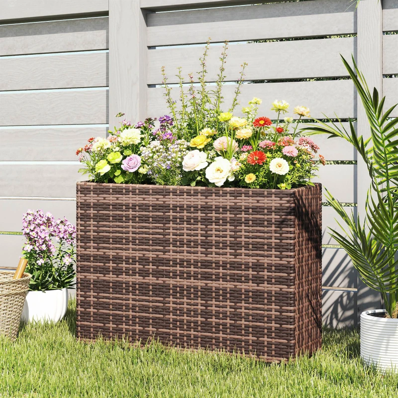 Outsunny Hochbeet mit verstellbaren Füßen, Rattan Blumenkasten mit herausnehmbarem Einsatz für Terrasse und Balkon, Braun
