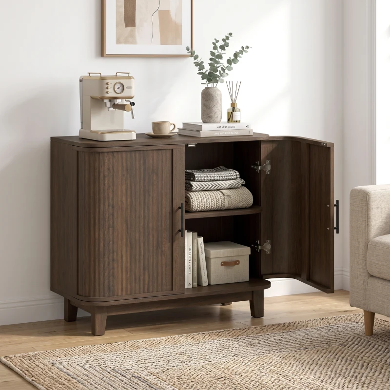HOMCOM Sideboard Buffet Cabinet, Storage Cabinet with 2 Curved Doors, Adjustable Shelf and Legs for Dining Room, Dark Walnut