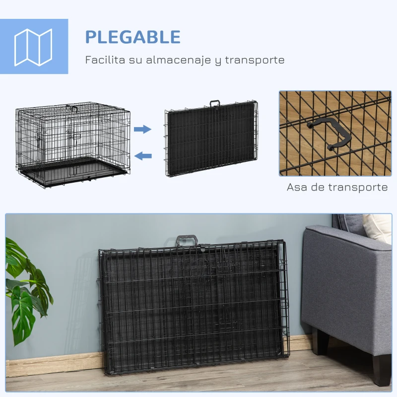 PawHut Jaula para Perros Plegable Transportín para Perros con 2 Puertas Bandeja Extraíble Asa de Transporte 90x57,5x62 cm Negro